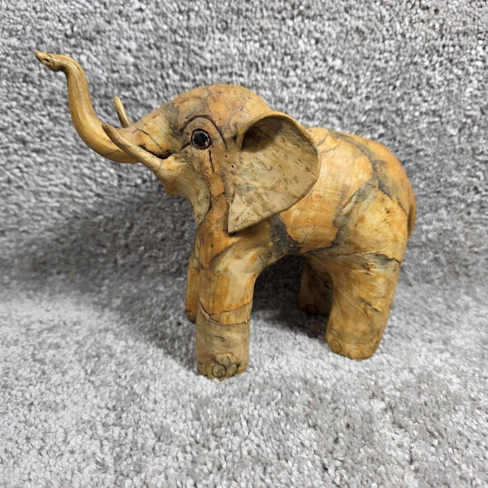 Elephant Figurine Tan Brown Hand Carved Wood Trunk Up Lucky Decor 8in